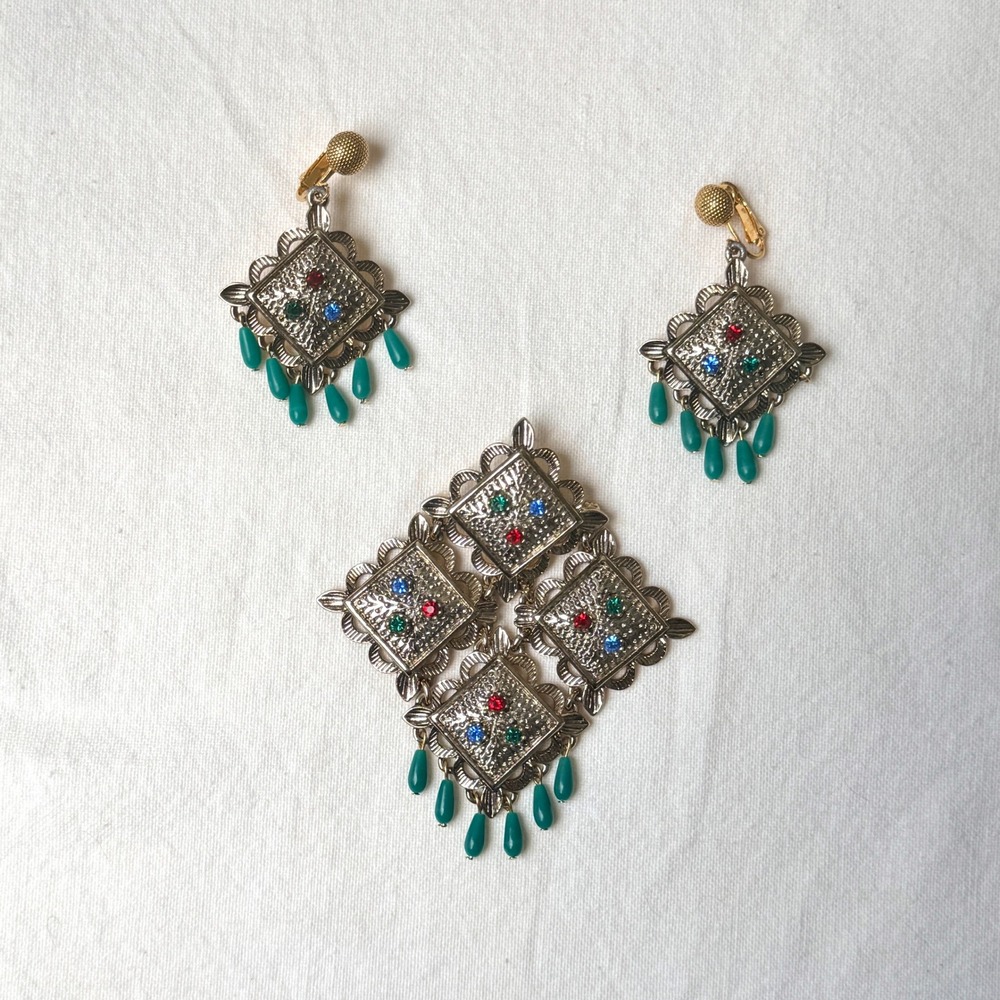 Vintage Sarah Coventry 1967 Temple of Lights Brooch Earring Set MCM Retro Pin - Picture 2 of 9